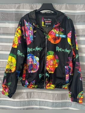 Members Only Black Rick and Morty Multicolor Graphic Windbreaker Hooded Jacket